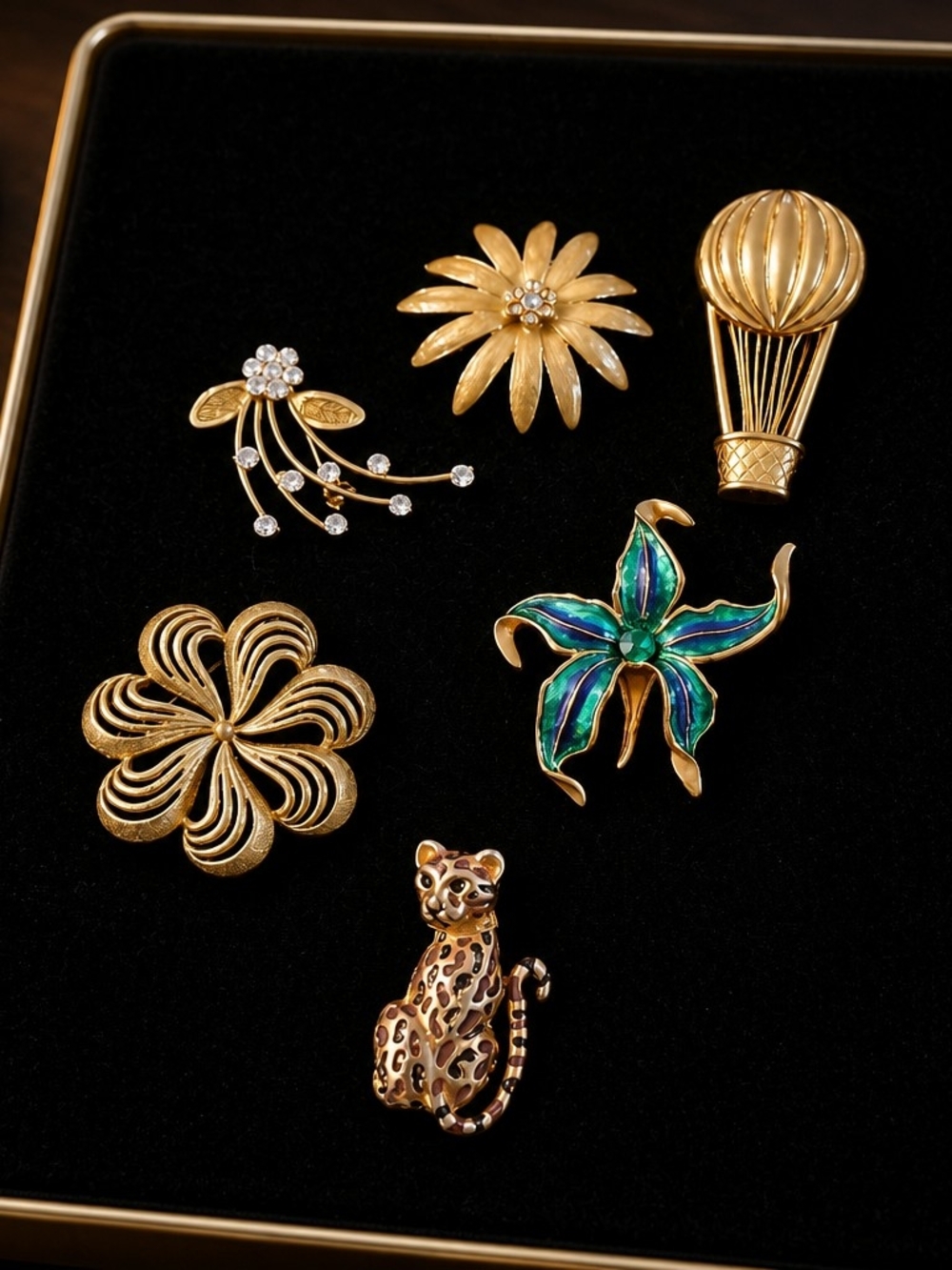Gold-Tone Floral & Animal Brooch Collection - Green Blue Enamel Accent